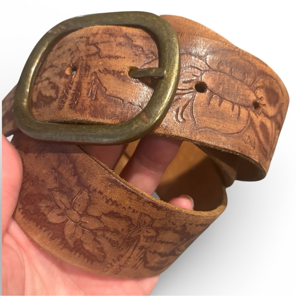 Vintage A&F patina tooledfloral genuine Leather Belt Brass Buckle western L - Picture 13 of 16
